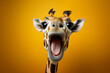 Website banner concept. Advertising postcards, notebooks. Portrait Banner for Website of surprised amazed giraffe pet with a curious face with open mouth at on yellow background. Generative AI