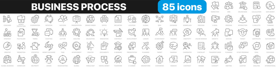 Leinwandbilder - Business process line icons collection. Global business, finance, startup, goal, meeting icons. UI icon set. Thin outline icons pack. Vector illustration EPS10