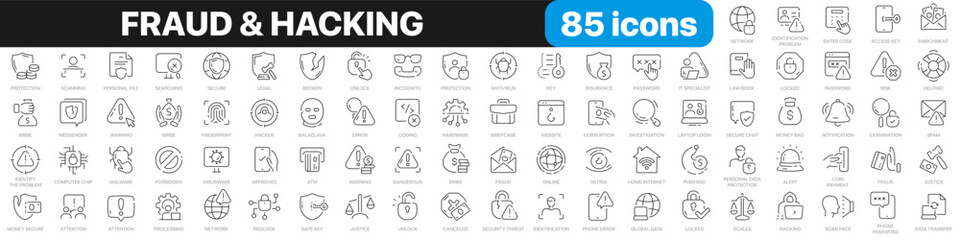 Leinwandbilder - Fraud and hacking line icons collection. Hacker, crime, server, cyber security icons. UI icon set. Thin outline icons pack. Vector illustration EPS10