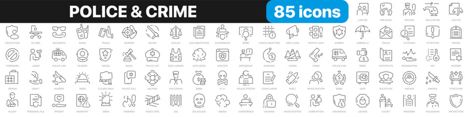 Police and crime line icons collection. Criminal, law, justice, emergency, warning icons. UI icon set. Thin outline icons pack. Vector illustration EPS10