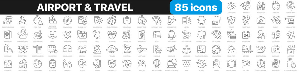 Poster - Airport and travel line icons collection. Flight, vacation, ticket icons. UI icon set. Thin outline icons pack. Vector illustration EPS10