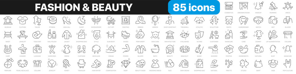 Wall Mural - Fashion and beauty line icons collection. Shopping, cream, cosmetics, skin care, makeup icons. UI icon set. Thin outline icons pack. Vector illustration EPS10