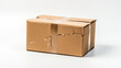 Damaged cardboard box on white background, destroyed in shipping