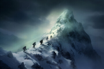 Wall Mural - sport hiking nature landscape snow mountain adventure winter group blizzard. Generative AI.