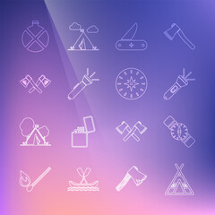 Sticker - Set line Tourist tent, Compass, Flashlight, Swiss army knife, Crossed wooden axe, Canteen water bottle and icon. Vector