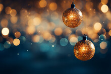 Lights And Blue Background Of Christmas Bauble Bokeh Effect, In The Style Of Light Orange And Dark Gold. AI Generativ.