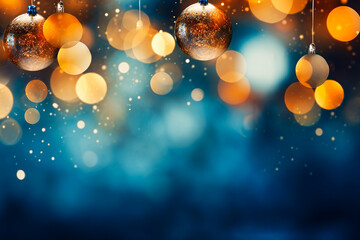 lights and blue background of christmas bauble bokeh effect, in the style of light orange and dark g