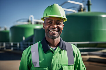 Sewage treatment plant employee portrait , wearing green security outfit, domestic wastewater treatment facilities in background