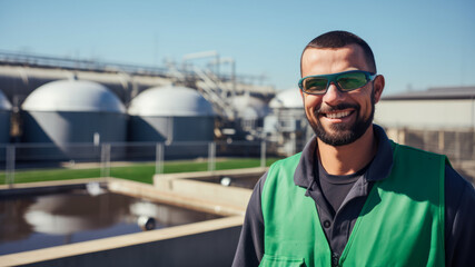 Wall Mural - Sewage treatment plant employee portrait , wearing green security outfit, domestic wastewater treatment facilities in background