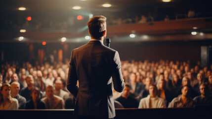 Back view of motivational speaker man standing on stage in front of audience for motivation speech on conference or business event