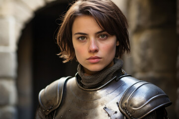 Young woman costumed as Joan of Arc aka Jeanne d'Arc wearing a knight plate armor and short bobbed hair