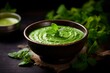 Delicious and Healthy Mint Chutney with Coriander. Selective Focus on Green Bowl