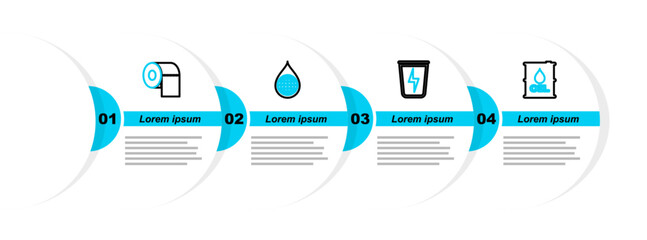 Poster - Set line Oil barrel, Lightning with trash can, Earth planet water drop and Toilet paper roll icon. Vector