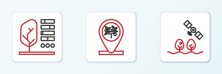 Set line Smart farm with drone, Plant status and Location and tree icon. Vector