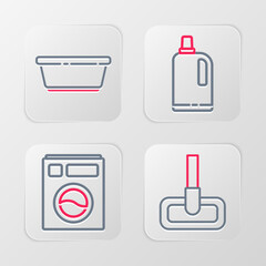 Poster - Set line Mop, Washer, Fabric softener and Plastic basin icon. Vector