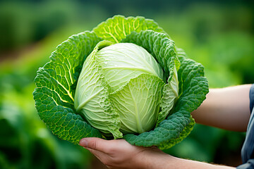 Wall Mural - A man holds cabbage against the backdrop of a ripening field. Farmer's hands close up. The concept of planting and harvesting a rich harvest.	
