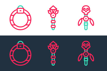 Sticker - Set line Magic staff, stone ring and wand icon. Vector