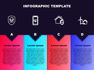 Poster - Set line House under protection, Mobile with heart rate, and wind turbine. Business infographic template. Vector