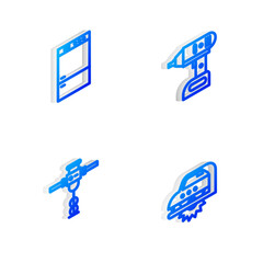 Sticker - Set Isometric line Electric cordless screwdriver, Refrigerator, Construction jackhammer and circular saw icon. Vector