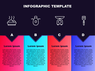 Sticker - Set line Bowl of hot soup, Kitchen apron, Scales and Barbecue spatula. Business infographic template. Vector