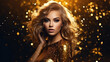 © Sasint - Fashion model woman in golden bright sparkles. Girl with golden skin and hair portrait closeup. Holiday glamour shiny professional makeup on black