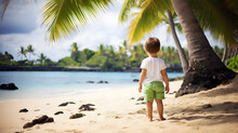 A Little Boy On Vacation On A Beach Background, Back View, Looking At The Turquoise Ocean