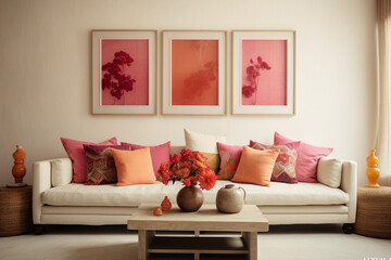 Cozy interior with pink and orange retro wall art set of 3 prints in floral abstract style. Contemporary furniture. White sofa with pillows.