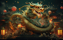 Green Dragon In Traditional Style, Mysterious Monster From Farytales And Symbol Of 2024 Lunar Year In Chinese Calendar.
