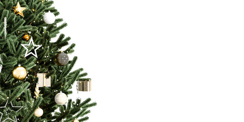 close up christmas tree with red ribbon on white