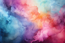 Abstract Art, Pastel Rainbow Sky With Purple, Orange, And Green Clouds In The Style Of Vibrant Stage Backdrops, With A Dark Pink And Dark Orange Background