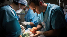 Newborn Baby Being Checked Minutes After Birth By Pediatrician