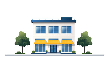 Wall Mural - Building. A two-story beige building with a blue flat roof and trees on a white background.