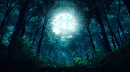 Poster - Dark night forest. Black silhouettes of trees, the moon on a dark background.