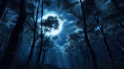 Poster - Dark night forest. Black silhouettes of trees, the moon on a dark background.