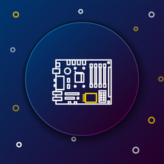 Poster - Line Electronic computer components motherboard digital chip integrated science icon isolated on blue background. Circuit board. Colorful outline concept. Vector