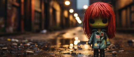 Wall Mural - Comically cute creepy zombie doll toy with red hair, weird eyes and toxic green yellow skin, urban dystopia with distressed abandoned streets - generative AI