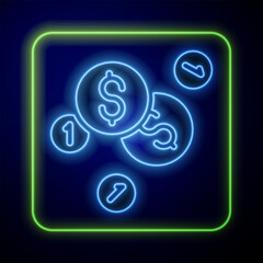 Poster - Glowing neon Coin money with dollar symbol icon isolated on blue background. Banking currency sign. Cash symbol. Vector