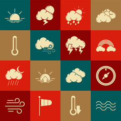 Sticker - Set Waves, Wind rose, Rainbow with clouds, Cloud rain and sun, Windy weather, Thermometer, Sunrise and Storm icon. Vector