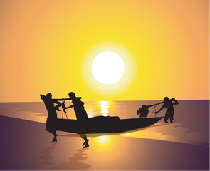 Wall Mural - Fishermen on Sunset Beach