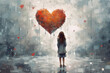 A girl holding a red heart painting
