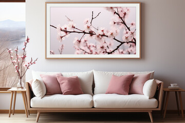 Modern spring Scandinavian living room interior, Wooden picture frame, poster mockup. Cherry plum blossoms in a vase, Elegant stylish minimal home decor Background