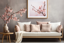 Modern Spring Scandinavian Living Room Interior, Wooden Picture Frame, Poster Mockup. Cherry Plum Blossoms In A Vase, Elegant Stylish Minimal Home Decor Background