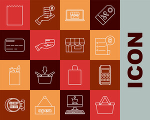 Sticker - Set line Shopping basket, Pos terminal, Paper check and financial check, building on screen laptop, Human hand holding with credit card, Credit, shopping bag and or market store icon. Vector