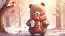 A Brown Bear Holding A Cup Of Coffee