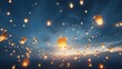 Paper lanterns floating in night sky