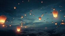 Paper Lanterns Floating In Night Sky