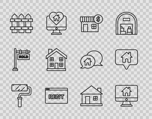 Sticker - Set line Paint roller brush, Computer monitor with smart home, House dollar symbol, Hanging sign text Online Rent, Garden fence wooden, Home, and Map pointer house icon. Vector