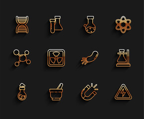 Sticker - Set line Test tube and flask chemical, Mortar pestle, DNA symbol, Magnet, High voltage sign, Radioactive, on stand and Bacteria icon. Vector