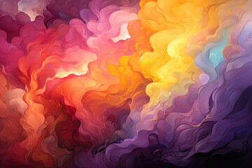 Wall Mural - Oil Painting, Watercolor, Digital Art: Wavy Rainbow Clouds of Purple, Yellow, and Bright Orange. Free Brushwork, Smoky Background Gradient Color Style. Bright Colors Illustration Background