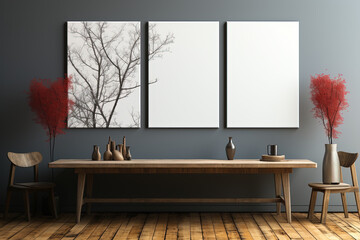 Three blank picture frame mockups on a wall. Artwork templates for interior design. 3D rendering of a living room with picture frames on the gray wall.